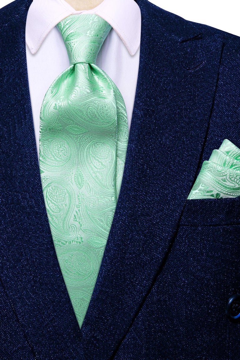 Dubulle Mens Mint Green Paisley Striped Tie WOVEN Necktie for Men and Handkerchief Cufflinks Set Wedding Formal Business - Image 2